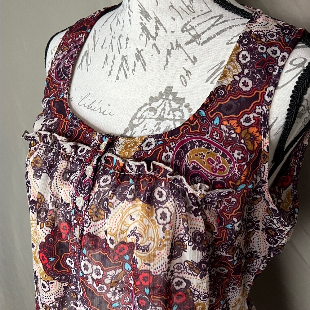 Sheer floral paisley print baby doll sleeveless top ties in back Large boho - Picture 3 of 10